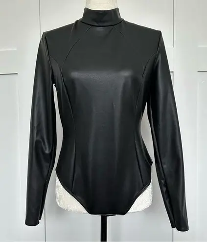 Amina Muaddi x Wolford Faux Leather Black Bodysuit