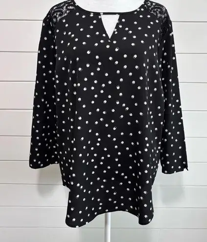 Van Heusen BLACK AND WHITE POLKA DOT BLOUSE WITH PEEKABOO VNECK AND LACE YOKE, L