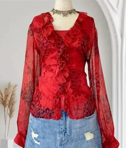 Witchy Whimsygoth Vintage Burgundy Red Silk Ruffled Flared Button Up Blouse L Size L