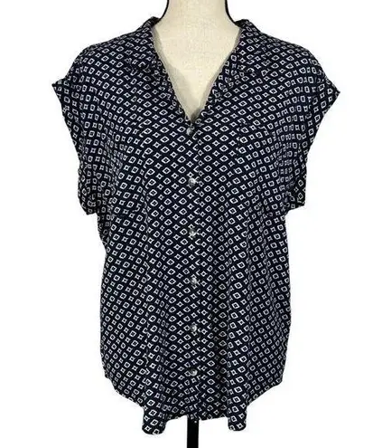 Jachs Girlfriend NY XX-Large Top Button-Up Cap Sleeve Geometric Pocket Navy Blue