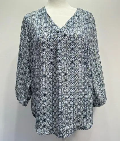 Anne Carson Blue White & Beige Medallion Print Semi Sheer Long Sleeve Blouse