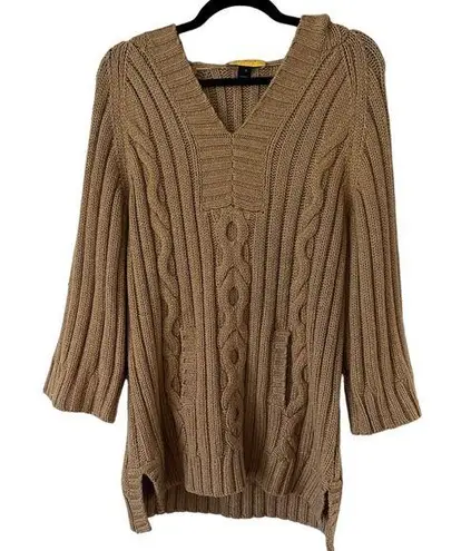 St. John Tan Brown Wool Blend Chunky Cable Knit Hooded Pullover Sweater Medium