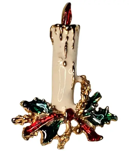 Enamel Christmas Candle Holly 2" Gold Tone Vtg Brooch Pin Holiday