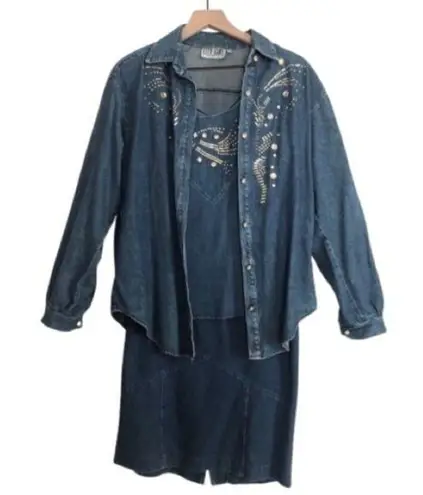 Vintage City Girl Sport Denim Beaded Three Piece Skirt Top Jacket Set Outfit Blue Size 10