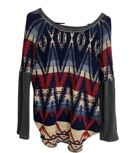 Ralph Lauren Denim Supply Aztec Sweater Medium Blue Distressed Pullover Cotton * Red