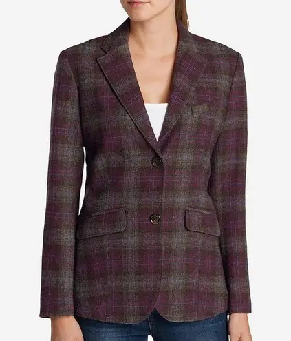 Eddie Bauer  Woman's Classic Wool Blend Blazer Coat Burgundy Plaid 2 Button Lined