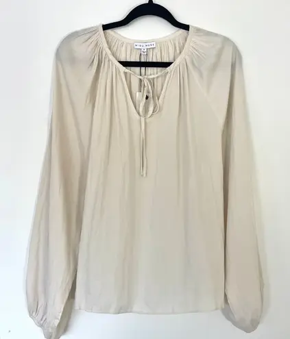 NWT MIOU MUSE Ivory/Cream Tie Neck Long Sleeve Satin Peasant Blouse Size Small Tan
