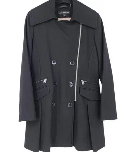 via spiga Black Asymmetrical Zip Pleated Hem Double Breasted Wool Coat Size 14