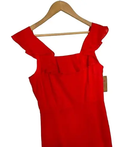 New Cremieux Dress Womens 4 Midi Smocked Back Ruffle Shoulder Summer Red Coastal