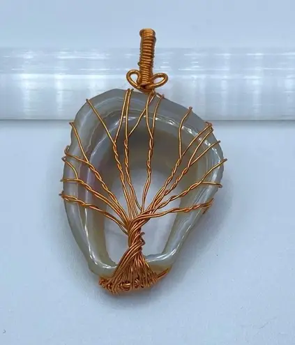 White Agate Druzy Tree Of Life Copper Wired Pendant