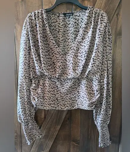 Talent Blouse Womens Size 1XL Brown Black Low V Neck Sheer Smocked Bottom Casual