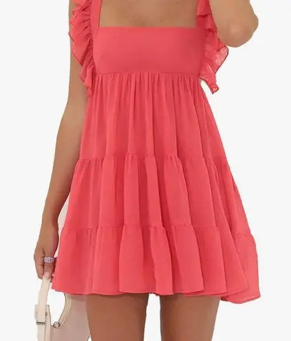 Coral chiffon ruffle tiered apron tie open back mini dress small Red