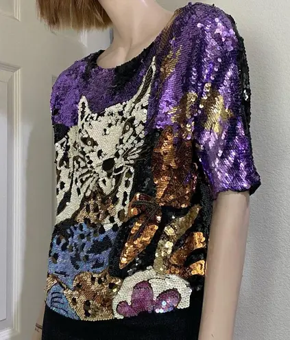 Vintage Fully Sequinned & Beaded Wild Cat Leopard Dolman Sleeve Silk Top Size S Black