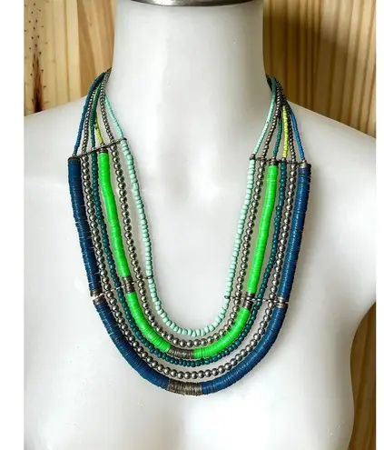 Vintage Blue and Green Multi Strand Necklace, Teal Bead Six Strand Necklace