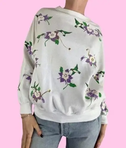 Vintage 80s Columbine Hummingbird Floral Nature Sweatshirt Large Cal Pac… White