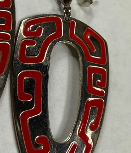 Retro Red and Silver Color Metal Dangle Earrings Pierced Post Aztec Tribal