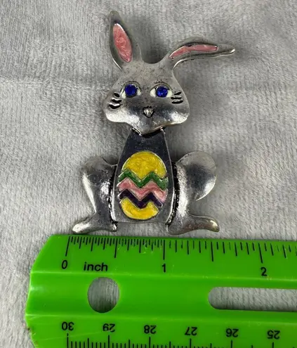 Bunny Rabbit Brooch Pendant Colorful Easter Egg Design Blue Rhinestone Eyes Silver