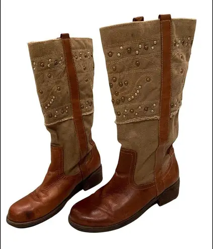 Paris Blues Pull On Leather/Canvas Studded Boots