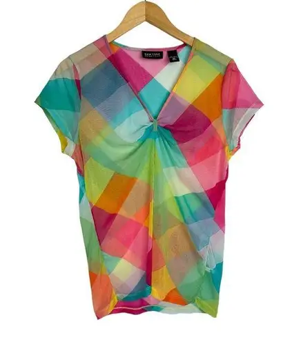 Y2K Rainbow Sheer Mesh Printed Top Sz XL Pink