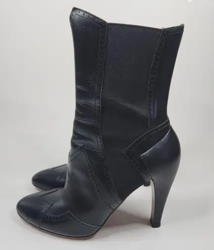 Alaïa Black High Rise Ankle Boots Perforated Trim Leather Size 38.5 Boho Cowboy