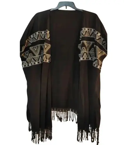 World Market Black Embroidered Lace Fringe Open Front Kimono Free Size MSRP $110 Black