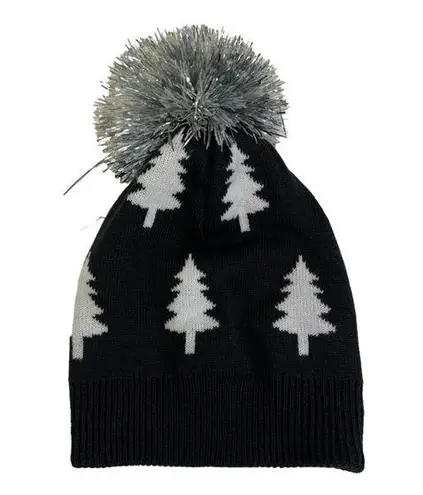 Black and White Christmas Tree with Tinsel Metallic Pom Pom Beanie