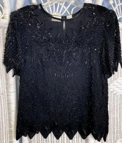 Vintage 80s Denise Elle Black Beaded Silk Top S Art Deco Sequin Evening Blouse Size L