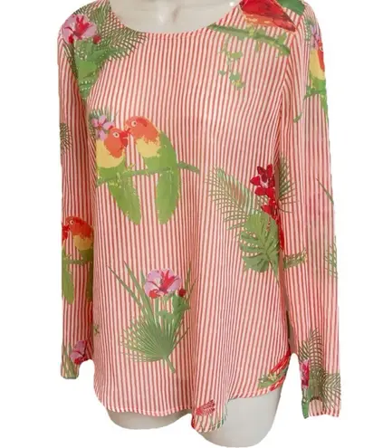 NEW Lemon Way Striped Tropical Lightweight Scoop Neck Long Sleeve Blouse Top XS Orange