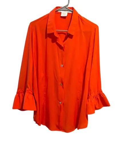 Gretchen Scott Priss Blouse Ruffle Cuff Button Up Shirt Sz XL Coral Orange