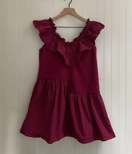 English Factory Mixed Media Ruffle Detail Knit Mini Dress in Plum Size S