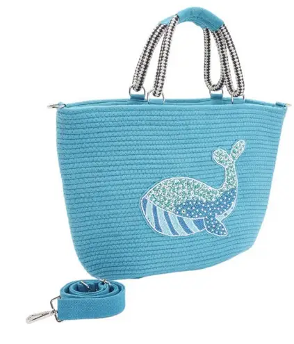 America & Beyond Embellished Jute Tote Crossbody Strap Whale Vacation Beach NWT Blue