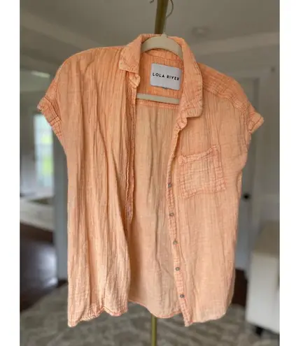 Lola River Gauze Peach Shirt Cotton Button Up Collared Beach Resort Coastal Boho Orange Size L - Image 3