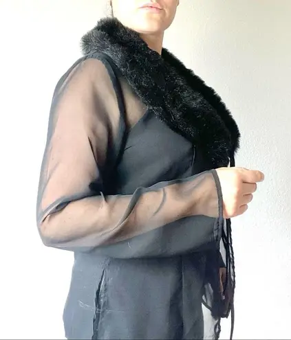 Y2K Faux Fur Collar Sheer Chiffon Tie Front Blouse Size Large Black