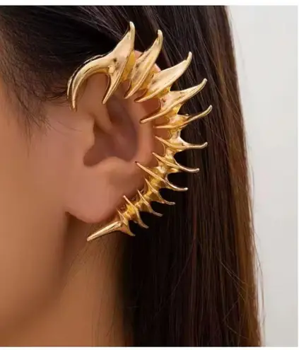 Gold Tone Spike Skeleton Ear Cuff Gothic Punk Thorn Clip On Earring Jewelry