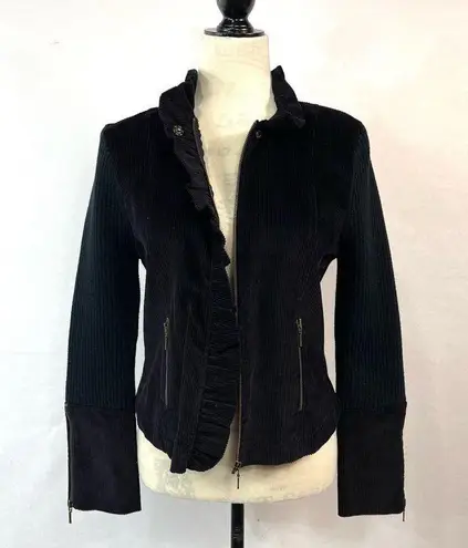 Twiggy Black Corduroy Motorcycle Ruffle Neck Front Jacket Size L Size L