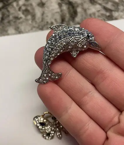 Lot Of 2 Costume Jewelry Brooch Pins Rhinestone Butterfly Insect / Dolphin