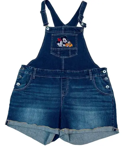 Disney Mickey Minnie Pluto Stretchy Denim Shorts Overalls Womens Size 14