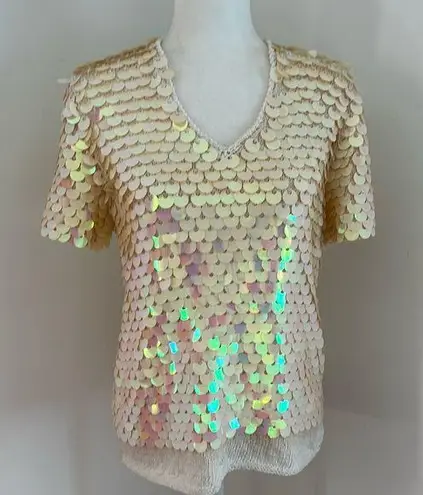 Sequin Embellished Cream Short Sleeved Top sz M/L Green