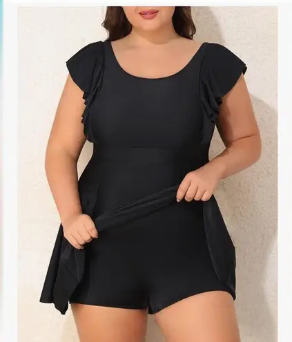 Smismivo Plus Size One Piece Built in Shorts Tummy Control Swimdress Brown