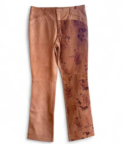 Vintage Isabel USA Genuine Leather Pants with Geisha Print Nubuck in Tan size 8