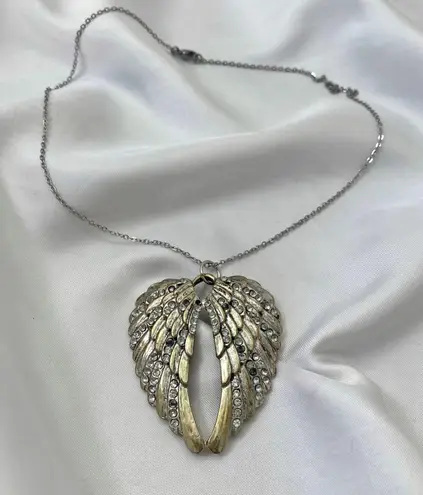 Early 2000's Chunky Witchy Whimsygoth Silver Rhinestone Goth Angel Wing Necklace