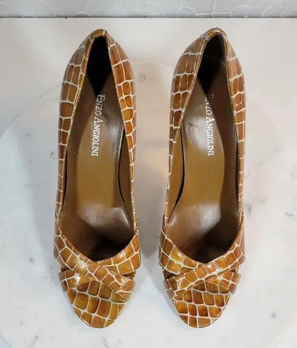 Enzo Angiolini  Womens Shoes 7.5 Orange Leather Giraffe Print Open Toe Pump Heels