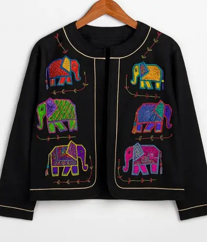 Vintage YakMagik Womens Wool Embroidered Patchwork Elephant Stitched Blazer sz S Black