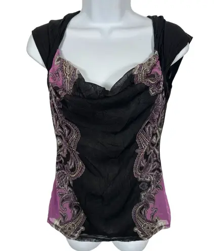 INC Vintage Medium Top Blouse Womens Y2K 90s Black Purple Stretch Sexy Femme