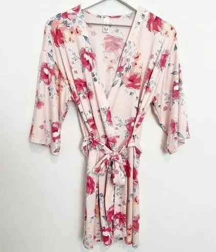 Flora Nikrooz Alisha Floral Short Wrap Tie Lounge Robe Pink White Size Small