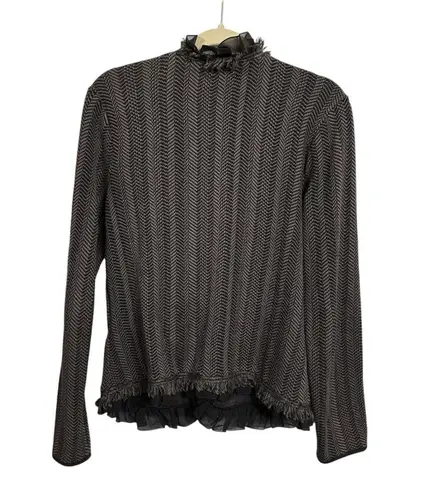 Dana Buchman Women's Sz M Gray Knit Ruffled Fringe Wool Blend Cardigan Sweater