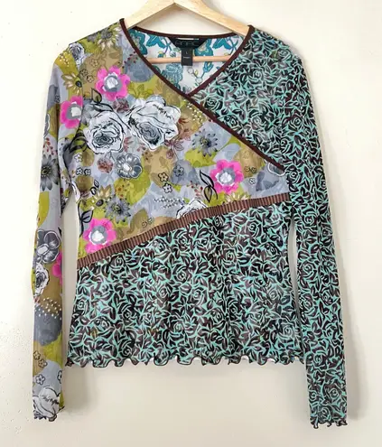 ANAC Vintage y2K Women's Mesh Lettuce Scallop Top Large Sheer Fairy Art to Wear Blue