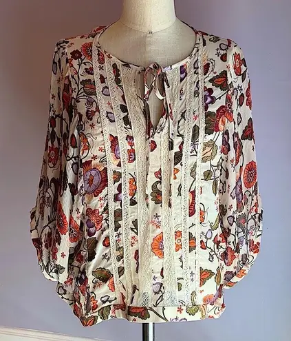 Karen Kane ivory, rust and purple floral print dolman sleeve semi sheer blouse M