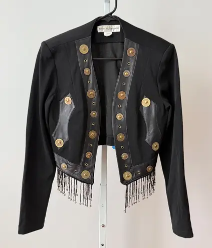 VTG John Murrough sz S Black Leather Trim Beaded Punk Festival Cropped Jacket