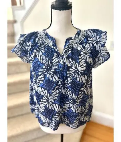 Xírena Blue & White Batik Print Shirred Ruffle Sleeve Blouse Size XS